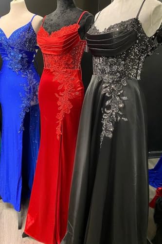 YMFFW Mermaid Long Prom Dresses with Slit Satin Appliques Evening Gowns Spaghetti Straps Formal Party Dresses for Women4