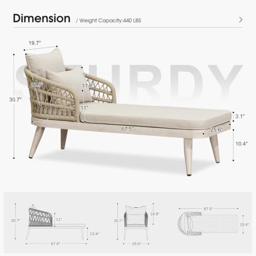 Image of PURPLE LEAF Patio Chaise Lounge Chair Aluminum Frame 2 Pillows Matte White