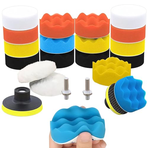 Corte Y Pulido, Tools JHuiSS 22 PCS Kit de Almohadilla de Pulido para Encerar 8 CM 3 Pulgadas - con Taladro de Espuma para automóviles para Pulido, Lijado, Encerado y Esmalte para...