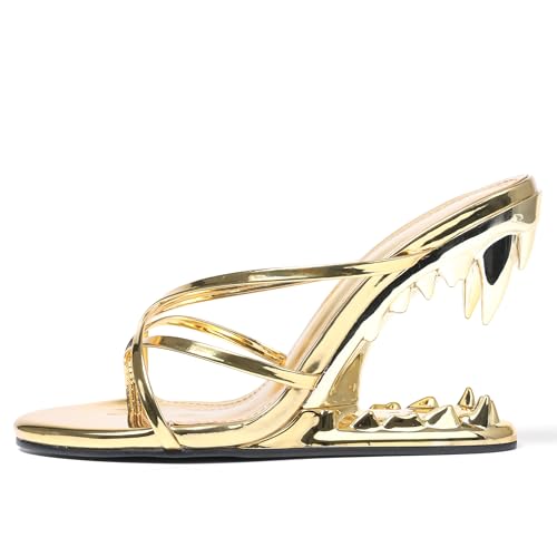 Image of Goiphrri Wedge Sandals for Women Strappy Heels Round Open Toe Heels Metallic Shark Tiger Teeth heeled Sandals Flip Flops Thong Womens Mules Slip on Party Dress Wedding Ceremony