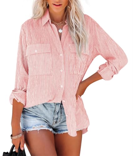 NONSAR Blusa para mujer de manga larga con rayas, camisa casual de rayas, de algodón, túnica de manga larga, blusa de lino, L
