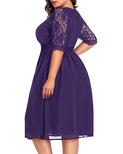 Image of Pinup Fashion Plus Size Lace Chiffon Wrap V Neck Dresses Women Cocktail Wedding Guest Midi Dress