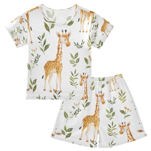 senya Short Sleeve Pajamas Sets Summer Cotton Sleepwear Brown Giraffe Leaves