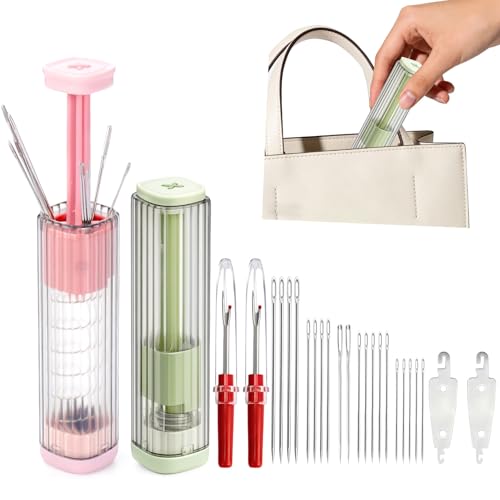XANGNIER 2 Pcs Magnetic Needle Case with Pop-up Design Travel Sewing Needle Storage Holder with 5 Size Sewing Needles Threaders and Seam Ripper Portable Organizer Box for Embroidery Pin Knitting