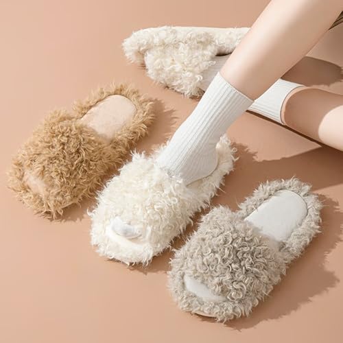 JadeRich Women's Solid Color Fleece Open Toe Slippers Cozy Fuzzy Memory Foam Flat Slide Sandals Indoor Outdoor2