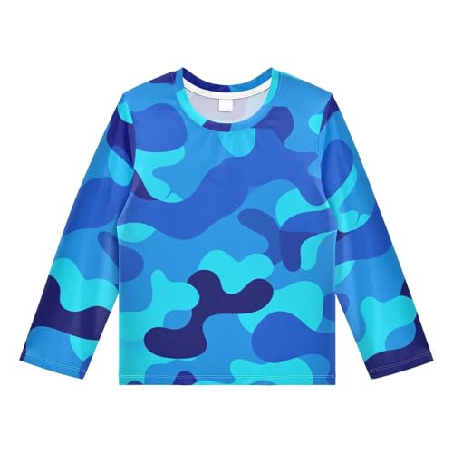 Blue Camouflage Boy's Rash Guard Swim Shirt Long Sleeve Sun Shirt for Kids Toddler UPF50+