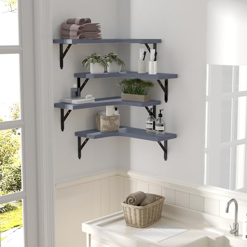 Image of ROMGUAR CRAFT Corner Floating Shelves Wall Mounted Set of 4, Rustic Wood Storage Display Shelves for Home Decor, Bathroom, Kitchen, Bedroom, Living Room, Office (Grey)