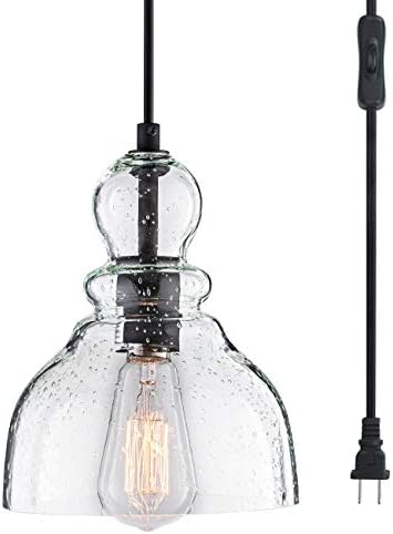 LANROS Swag Lights with 15.7 Ft Plug-in Cord and On/Off Switch, Handblown Clear Seeded Glass Shade Pendant Light for Bedroom Study Kitchen Sink Livingroom, Black, 7inch, 1-Pack