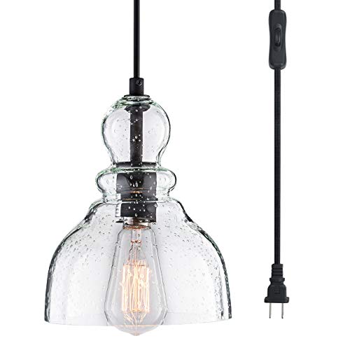 Lanros Swag Lights With 15.7 Ft Plug-In Cord And On/Off Switch, Handblown Clear Seeded Glass Shade Pendant Light For Bedroom Study Kitchen Sink Livingroom, Black, 7Inch, 1-Pack #TOP1