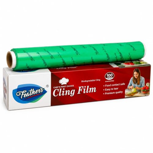 Image of Feather's Cling Film Wrap Food Biodegradable Multipurpose Food Wrapper Non-Stick Microwave Safe (Pack of 1, 100m)