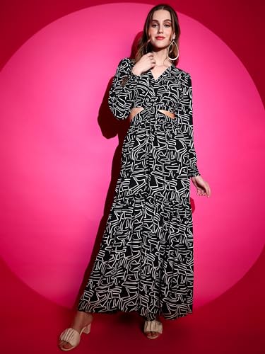 Image of Sheetal Associates Women's Crepe Fit and Flare Printed Full Sleeve V-Neck Casual Dress