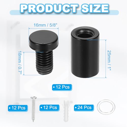 Image of PATIKIL 5 /8 inch x 1.2 inch Standoff Screws, 12 Pack Stainless Steel Wall Mount Sign Standoffs Mounting Hardware Advertising Nail for Hanging Acrylic Picture Frame, Black