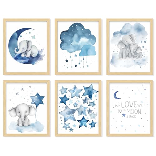 Image of 97 Decor Baby Girl Elephant Nursery Decor - Baby Boy Room Decorations for Nursery Wall Decor, Blue Moon and Stars Nursery Art Prints, Cute Elephant Poster Animal Picture for Bedroom (8x10 UNFRAMED)