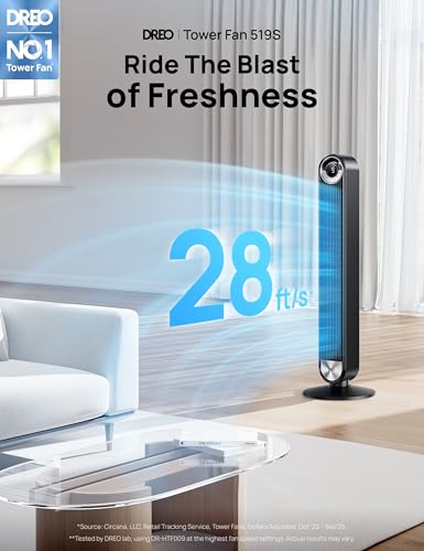 Image of DREO Smart Tower Fan for Bedroom, Upgraded DC 28ft /s Velocity, 9 Speeds
