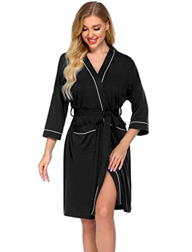 Ekouaer Womens Cotton Robes Lightweight Bathrobes for Women with 3/4 Sleeves Knit Sleepwear Ladies Loungewear(Black,L)