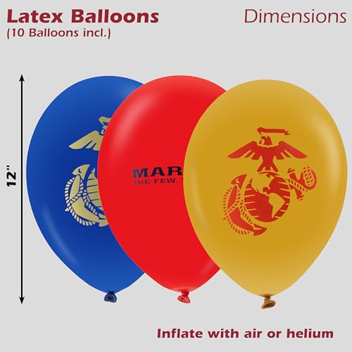 Image of U.S. Marines Party Balloons (10pcs) 12 inch Latex Balloons in Red, Gold, and Blue with contrasting print on 2 sides. Officially Licensed by the U.S.Marines - Made in Italy - by Havercamp.