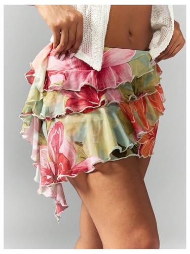 Women's Boho Tropical Floral Mini Skirts Bodycon Ruffle Layered Skirt Beach Vacation Outfit2