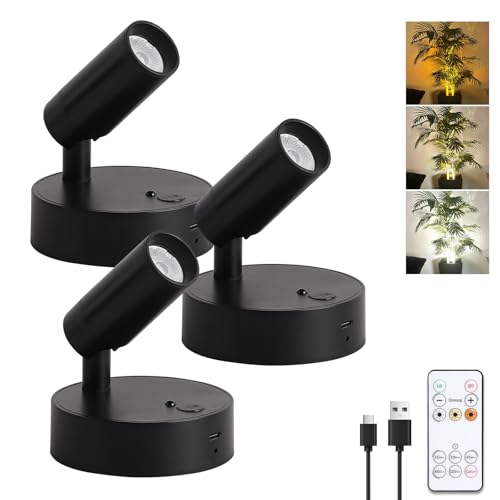 JOOSENLUX Spot Lights Indoor 3-Pack Wireless Rechargeable LED Rechargeable Plant Spotlight with Remote, Adjustable Arm, Black Wall Mount Uplighting for Art Gallery, Bedroom & Living Room Decor