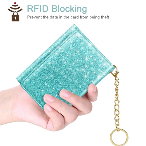 Image of Trifold Small RFID Blocking Wallet Pocket Cute Short Slim Sparkling Credit Card Holder Leather Keychain Ladies Mini Purse with ID Window, Glitter Blue Green
