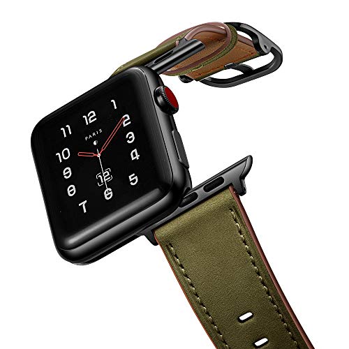 amBand Vintage Leather Band Compatible with Apple Watch 42mm 44mm, Genuine Leather Vintage Replacement Strap Classic Bands Buckle Compatible with Apple Watch SE iWatch Series 6/5/4/3/2/1 Matte Green