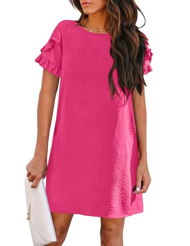 Image of HOTOUCH Womens Summer Dress 2025 Short Sleeve A-Line Mini Dress Casual Crew Neck Shift Dress Beach Sundress with Pockets