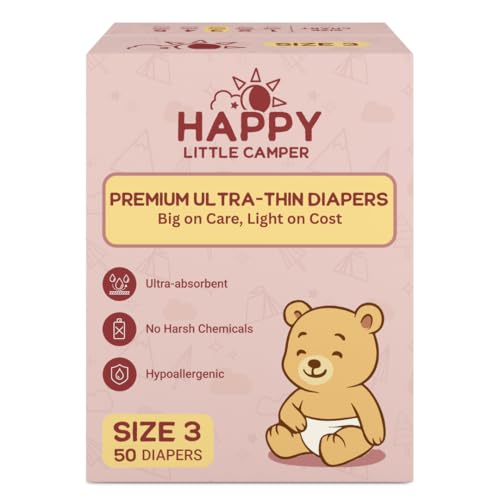 Image of Happy Little Camper Premium Ultra-Thin Diapers, Size 3, 15-22 lbs, 50 Count | Ultra-Absorbent Disposable Baby Diapers for Sensitive Skin | Hypoallergenic, Fragrance-Free, Totally Chlorine Free