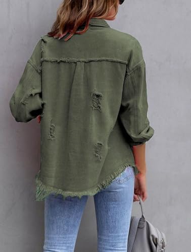 Women Denim Jacket Ripped Fringe Jean Jackets Trendy Classic Lapel Button Down Up Frayed Hem Shacket with Pocket2