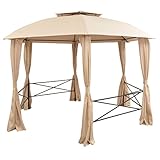 festnight gazebo padiglione esagonale con tende beige richiudibile telaio in acciaio verniciato da giardino/patio/prato per esterni 360x265 cm