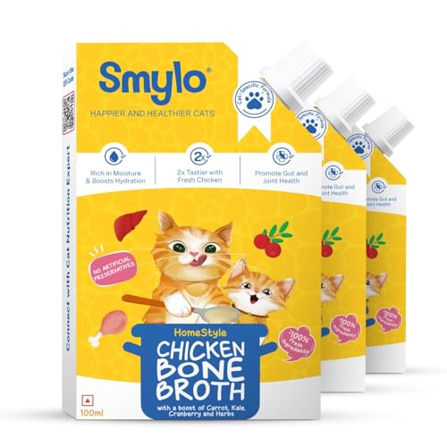 Image of Smylo Summer Cooler, Hydration Rich Chicken Bone Broth for Cats (100ml x 3 Packs) | Rich in Collagen for Bones & Joints Health | Omega 3 & 6 for Shiny Fur & Coat | Cat Food Topper and Cat Supplements