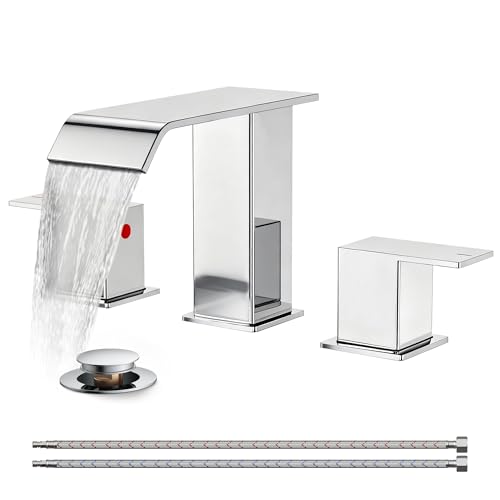 Robinet de salle de bain 3 trous chromé avec bec cascade et bonde pour lavabo 8 pouces