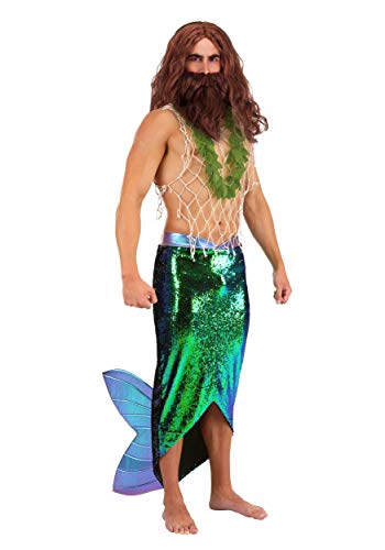 Salty Merman Sea Creature Mens Costume - Shimmering Tail Skirt Fishnet Top Seaweed Boa - Halloween Mermaid Dress Up Small
