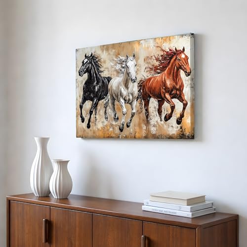 Image of 3 Running Horses Vastu Canvas Wall Art Painting For Living Room, Symbol of Strength Three Vastu Horse Painting, Abstract Elegant Horse Wall art for Home & Office, 22x34 Inch