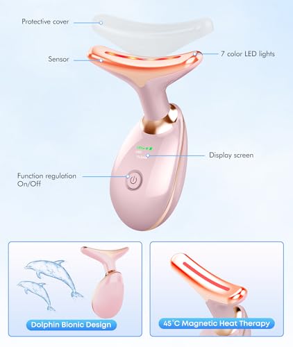 SDKWDH Red-Light-Therapy-for-Face-and-Neck, 7 Color Face Massager Tool for Wrinkles, Double Chin, Vibrating Facial Massager with Thermals for Skin Care, Glossy Pink