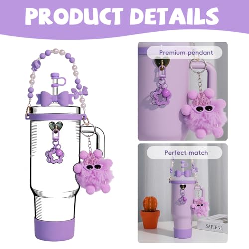 Image of HASTHIP Stanley Cup Accessories Set, 6Pcs Tumbler Cup Accessories with Sweet Bow Beaded Chain Handle, Purple Bow Straw Charm & Tip Cover, Soft Bottom Sleeve (NOT Included Cup)