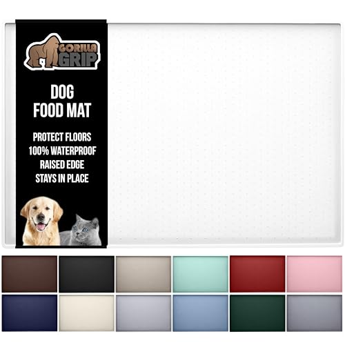 Image of GORILLA GRIP 100% Waterproof Raised Edge BPA Free Silicone Pet Feeding Mat, Dog Cat Food Mats Contain Spills Protects Floors, Placemats for Cats and Dogs Water Bowl, Pets Accessories 18.5x11.5 White
