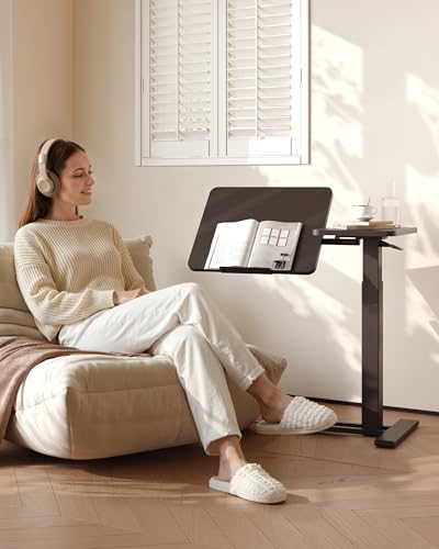 Image of FLEXISPOT Adjustable Height C-Shaped End Table with Single-Side Tilting Top, Mobile Side Table for Sofa & Bedside, Slides Under Furniture, Hidden Wheels for Small Spaces, 27.6 inch W x 15.7 inch D, Black