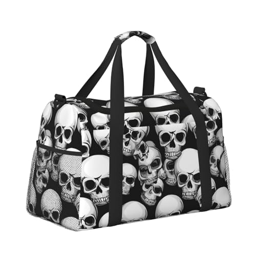 Black and white skulls pattern Print Foldable Carry On Tote Large Capacity Hand Carry Bag for Airplane Weekend Getaways3
