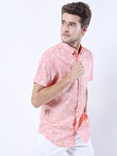 Image of KETCH Mens Half Sleeve Slim Fit Shirt Coral /White