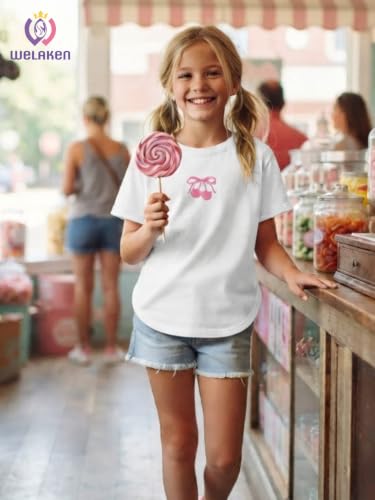 Image of WELAKEN Girls Soft T-Shirt with Curved Hem, Breathable Stretchy Rayon Crewneck Short Sleeve Tees, Kids Everyday Basic Top