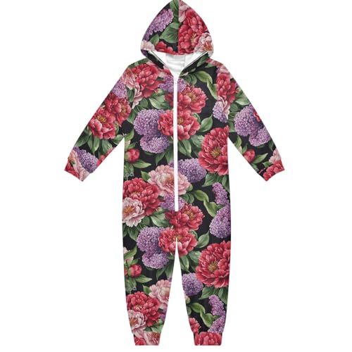 CHIFIGNO Mameluco unisex para niños, peonías rojas en acuarela, flores moradas, lilas, una pieza, divertido disfraz de cosplay para niños y niñas, 13-14 años