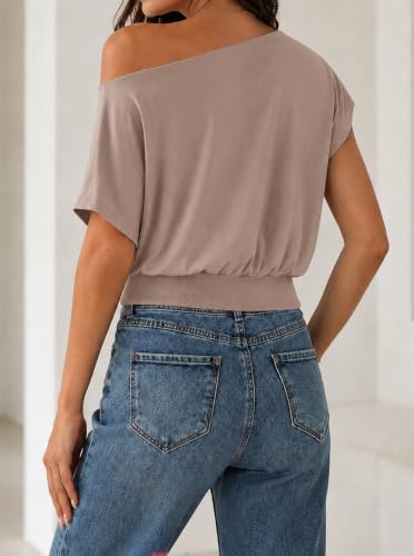 Image of SOFIA'S CHOICE Women's Off The Shoulder T Shirt Crop Top Casual Summer Dolman Sleeve Asymmetrical Cinched Waist Tops