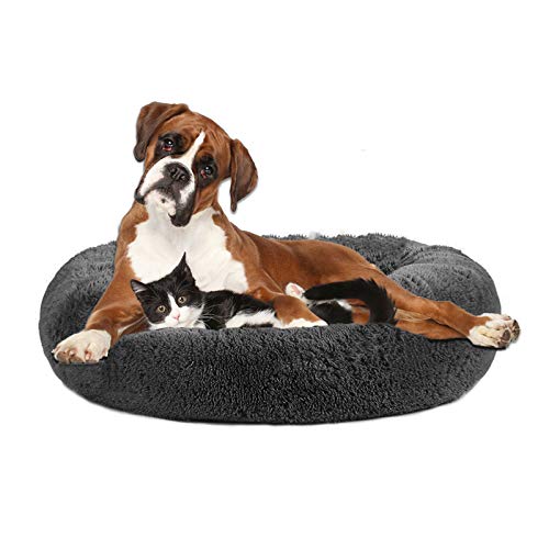 Pejoye Redonda Felpa Cama Perro Gato, Cama calmante para Grande Pequeño Mascota Invierno, Cómoda y Lavable, 50/60/70CM, Gris Claro/Gris Oscuro/Rosa/Caqui/Albaricoque