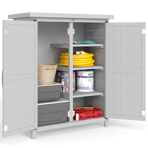 Outsunny Caseta de Jardín de Madera, 75x40x90 cm, Cobertizo Jardín Exterior, Armario para Almacenaje de Herramientas, con 4 Estantes, 2 Puertas y Techo de Acero Galvanizado, Gris
