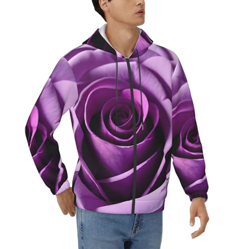 JGHHOUN Sudadera con capucha para hombre, con estampado de rosas moradas, para uso diario, salidas informales, viajes, entrenamientos, Negro, S