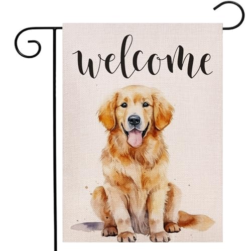 Welcome Golden Retriever Dog Garden Flag 12.5x18 Inch Double Sided Outside, Spring Summer Farmhouse Holiday Yard Outdoor Decoration