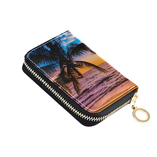 susiyo Credit Card Wallet Palm Tree Sunset On Beach Zipper Business Card Holder for Women Compact Card Holder Zipper Purse