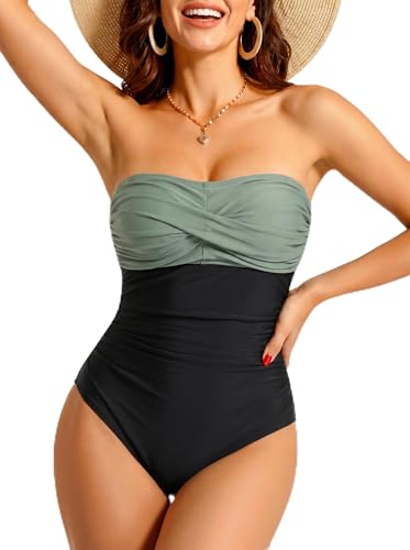 Image of Smismivo Tummy Control Swimwear Strapless One Piece Swimsuit Ruched Bathing Suits for Women Slimming Bandeau Tube Top Bikini