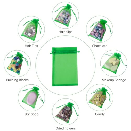 Image of YHJZ 100PCS Dark Green Organza Bags, 4x6 Inch Small Mesh Bags Drawstring, Jewelry Gift Bags for Birthday Party, Treats, Wedding