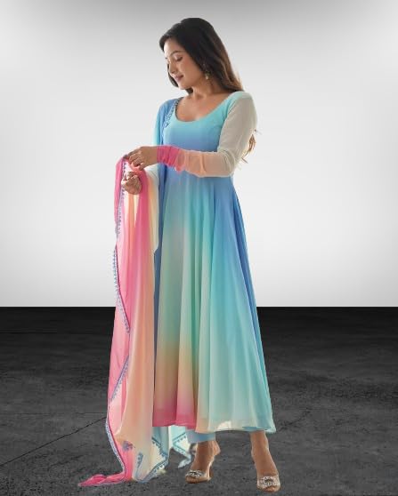 Image of Dhrumi Collection Women's Designer Multi Color Anarkali Kurta Pant Set with Dupatta | Anarkali V Neck Full Sleeve Kurti Ethnic Wear Gown Set