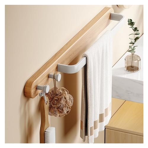 Soporte para toallas sin taladro con balda superior de madera natural 4